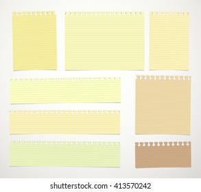 Pieces Of Cut Yellow, Brown Lined Notebook Paper Sheets Are Stuck On White Background