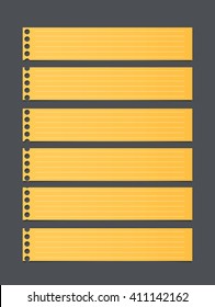 Pieces of cut yellow lined notebook paper, banners are stuck on dark gray background