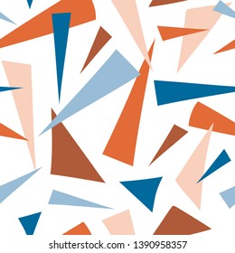 Pieces of cutout paper seamless pattern. Colorful geometric abstract shapes. Simple abstract mosaic collage texture with triangles. Flat simple colorful vector background for textile, fabric
