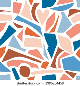 Pieces of cutout paper seamless pattern. Colorful geometric abstract shapes. Minimalistic simple abstract mosaic collage texture. Flat simple colorful vector background for textile, fabric