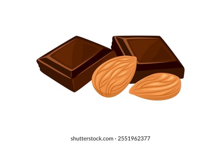 Pieces of dark chocolate bar and almonds. Vector cartoon flat illustration. Sweets icon.