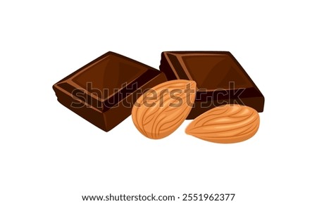 Pieces of dark chocolate bar and almonds. Vector cartoon flat illustration. Sweets icon.