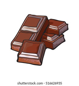 Pieces Of Dark Chocolate Bar, Sketch Style Vector Illustration Isolated On White Background. Hand Drawn Chocolate Bar Broken Into Pieces, Appetizing Realistic Drawing