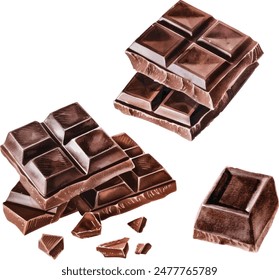 Pieces of dark chocolate bar watercolor vector illustration isolated on white background