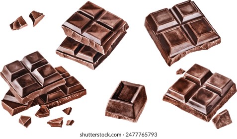 Trozos de Ilustración vectorial de acuarela de barra de chocolate oscuro aislado sobre fondo blanco