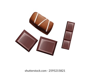 Pieces of dark chocolate isolated on white background. Dark chocolate pieces isolated on white background, broken chocolate chunks, cocoa dessert snack