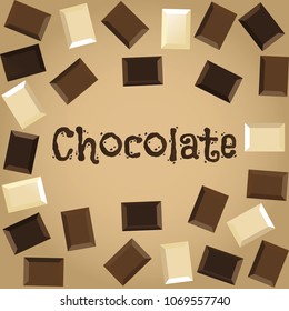Pieces of dark, white and milk chocolate on beige background