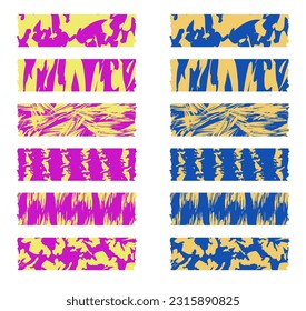Pieces of decorative tape for scrapbooks. Washi tapes collection with abstract pattern in vector. Set of colorful ribbons. Blue and yellow, pink
