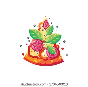 pedazos de deliciosa pizza con tomates, ilustración vectorial en diseño plano
