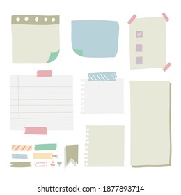 Pieces of different size colorful note, notebook, copybook paper sheets stuck with sticky tape on gray background