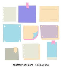 Pieces of different size colorful notes from notebook, copybook paper sheets stuck with sticky tape on gray background