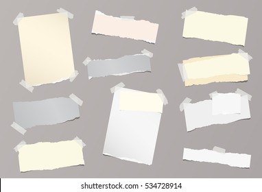 Pieces of different size ripped note, notebook, copybook sheets stuck with sticky tape on background.