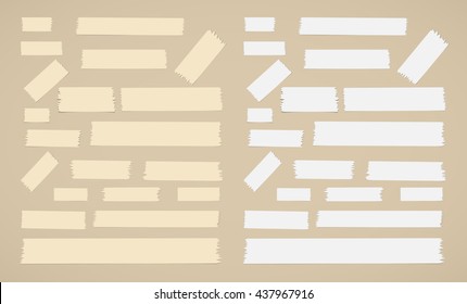 Pieces of different size sticky, adhesive masking tape are on brown background