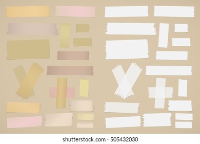 Pieces of different size sticky, adhesive masking tape are on brown background