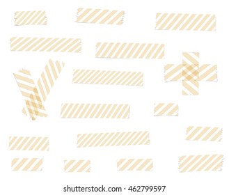 Pieces of different size and striped sticky, adhesive masking tapes.