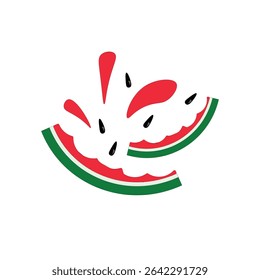  Pieces of eaten watermelon, splashes of juicy watermelon juice and black seeds. Minimalist vector illustration on white background symbolizing summer atmosphere and healthy eating