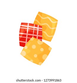 Pieces of fabric with different patterns. Bright yellow and red cloth. Items related to sewing theme. Flat vector design