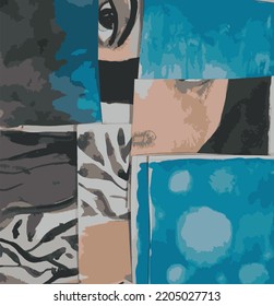 Pieces of face ,blue squares collage style. 