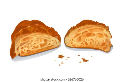 The pieces of flaky pastry with crumbs on white background
