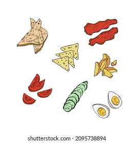 Pieces of food for breakfast, lunch, dinner and lunch in the doodle style. Suitable for menu design, websites, banners, business cards, restaurants and cafes. All elements are isolated