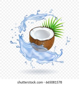 Pieces of fresh coconut with leaves in water splash Realistic vector illustration