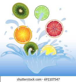Pieces of fruit falling into the water, orange, lemon, lime, kiwi, grapefruit. Splash of water. Drops flying in the air, water spray.