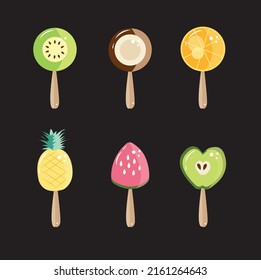 
pieces of fruit in the form of ice cream. kiwi, coconut, orange, pineapple, strawberry and apple. brown stick for ice cream. bright summer illustration.fruity and delicious set 