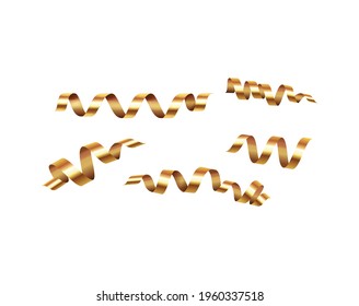 Pieces of golden holiday ribbons for decorating and wrapping isolated on white background realistic vector illustration