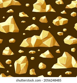 Stücke aus goldenem, nahtlosem Muster. Schatzsteine verschiedener Formen mit Fossilienbergbau für wertvolle Dekorationsproduktion fragmentiert natürliche Mineralien für die Industrie. Vektorheap-Cartoon.