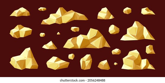 Trozos de mineral de oro. Piedras preciosas de diversas formas con la minería de materiales fósiles para la producción de decoración, fragmentos rotos de minerales naturales para la industria mundial. Diseño de dibujos animados vectores.