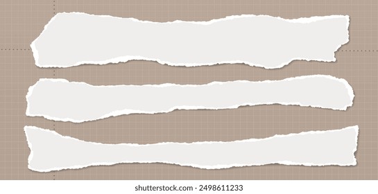 Pieces of horizontal white paper with torn, ripped edges and soft shadow are on brown background for text or ad. Vector illustration.