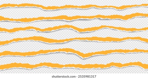 Pieces of horizontal yellow paper with torn, ripped edges are on transparent background for text or ad.