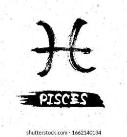 Pieces horoscope sign, symbol, zodiac sign. Hand drawn vector illustration on starry sky background with "Pieces" lettering on brush stroke. Hand drawing design ink illustration. 