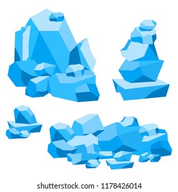 Pieces of ice set, cold frozen block. Broken pieces of ice. Flat design.
