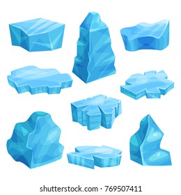 Pieces Of Ice Set, Cold Frozen Block, Icy Cliff, Iceberg Vector Illustrations