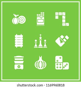 pieces icon. 9 pieces vector set. garlic, railroad with wood planks, domino and food steamer icons for web and design about pieces theme