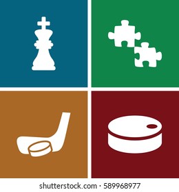 pieces icons set. Set of 4 pieces filled icons such as hockey puck, hockey stick and puck, chess king