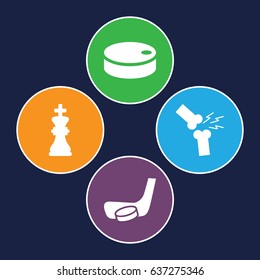 Pieces icons set. set of 4 pieces filled icons such as broken leg or arm, hockey puck, hockey stick and puck