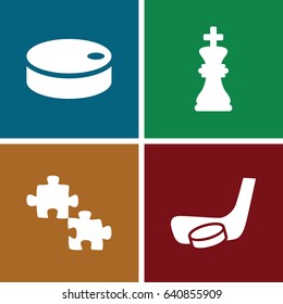 Pieces icons set. set of 4 pieces filled icons such as hockey puck, hockey stick and puck, chess king