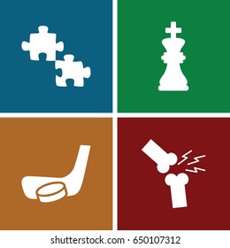 Pieces icons set. set of 4 pieces filled icons such as broken leg or arm, hockey stick and puck, chess king