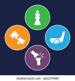 Pieces icons set. set of 4 pieces filled icons such as broken leg or arm, hockey stick and puck, chess king
