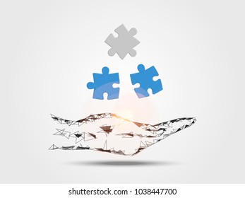 Pieces of jigsaw on hand represents concept of engineering and innovation. Technology Background. Vector illustration.
