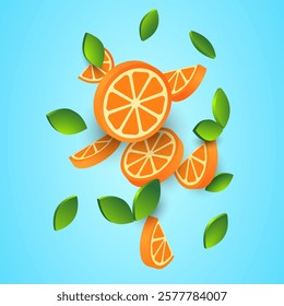 Pieces of juicy orange, tangerine on a light background. Fruit poster, placard, cover, banner. Simple three-dimensional style