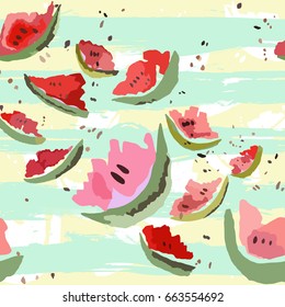 Pieces of juicy watermelon on a striped background - vector seamless pattern