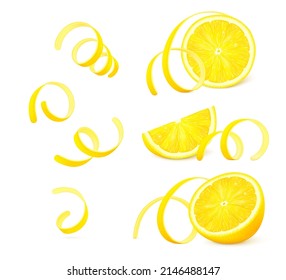 Pieces of lemon fruit with twisted zest (peel) isolated on white background. Realistic vector illustration. 