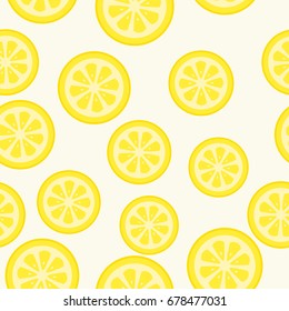 pieces of lemon graphic on background seamless style vector illustration.  summer fruit or vegetable consumed fresh in slices.Each item has yellow and cream tone color, multiple random size & scatter