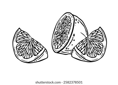 Pedaços de limão. Metade e quartos. Composição a preto e branco de fatias de citrinos. Desenho de tinta de contorno de uma sobremesa de frutas. Ingrediente vitamínico. Gráficos desenhados à mão para design de menu, logotipo ou etiqueta