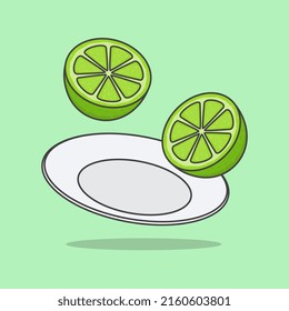 Pieces Of Lime Fruit On A Plate Cartoon Vector Illustration. Lime Fruit Flat Icon Outline