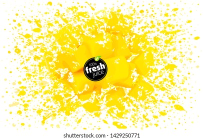 Pieces of mango with a splash of delicious juice. Burst of ripe summer tropical juicy fruit. Creative layout made of sliced fresh dessert. White background, EPS illustration