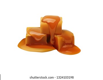 Pieces of melting caramel. 3d realistic vector icon. 